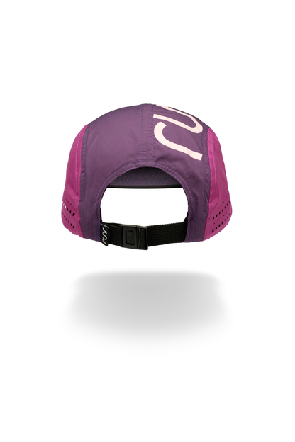 Purple running hat back with adjustable black strap and opening for wear