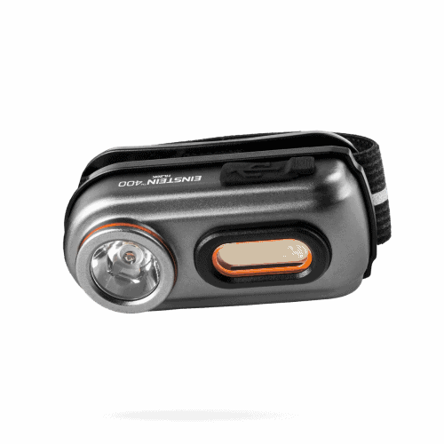 NEBO Einstein 400 headlamp with circular spotlight and orange side light, gray body