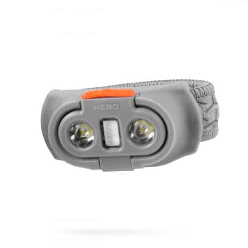 NEBO Einstein 500 headlamp with dual LED lights, orange switch, gray adjustable strap