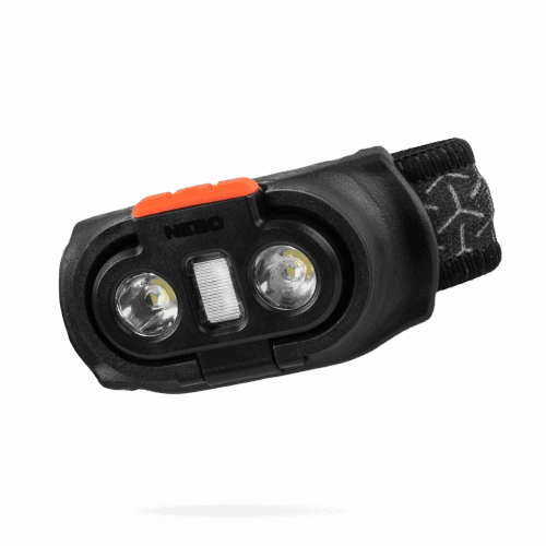 Black NEBO Einstein flex headlamp with two front LEDs and orange switch, elastic strap