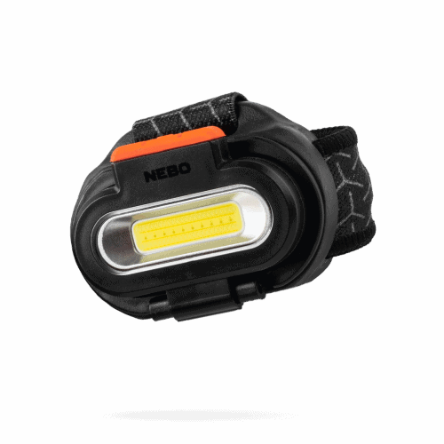 NEBO flexible headlamp with black band and orange switch, COB LED light