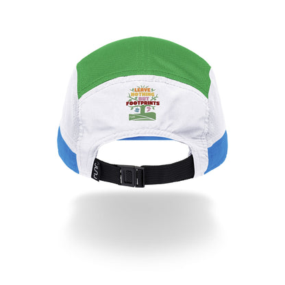 Technical running hat with adjustable black strap at back; green, white, blue