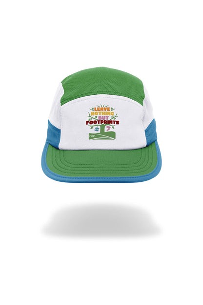 Technical running hat front view in green, white, and blue with trail quote logo