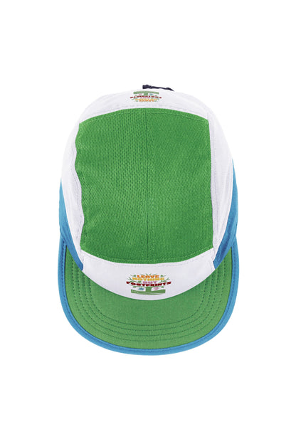 Technical running hat back view in green-and-white with blue underside brim