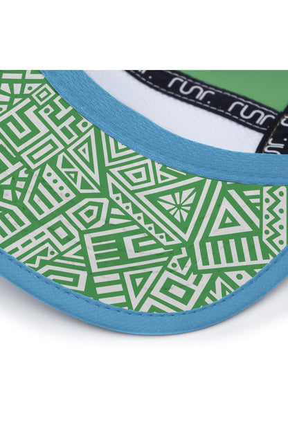 Technical running hat underside with green geometric lining and blue trim