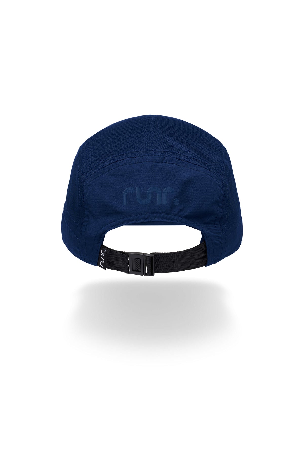 Navy running cap with adjustable black strap and plastic buckle at back