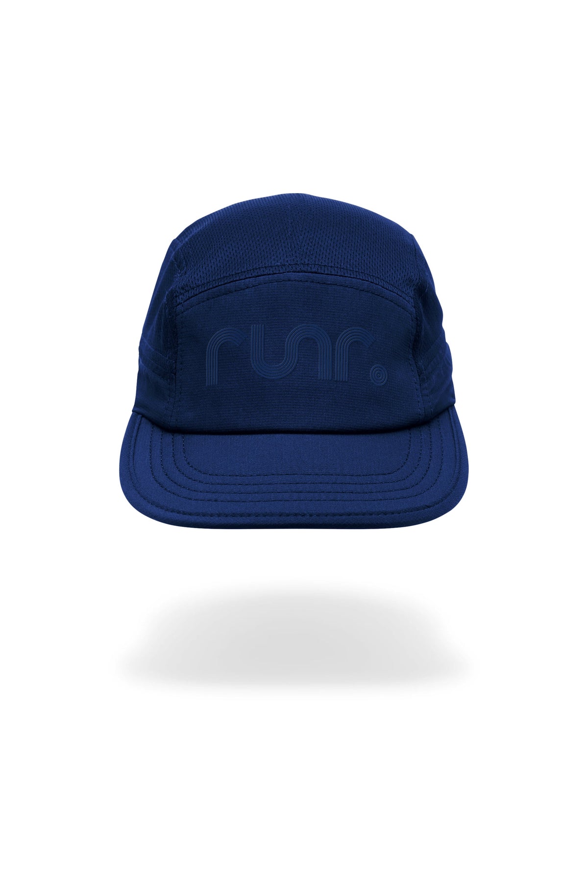 Navy technical running cap front view with curved brim and raised logo