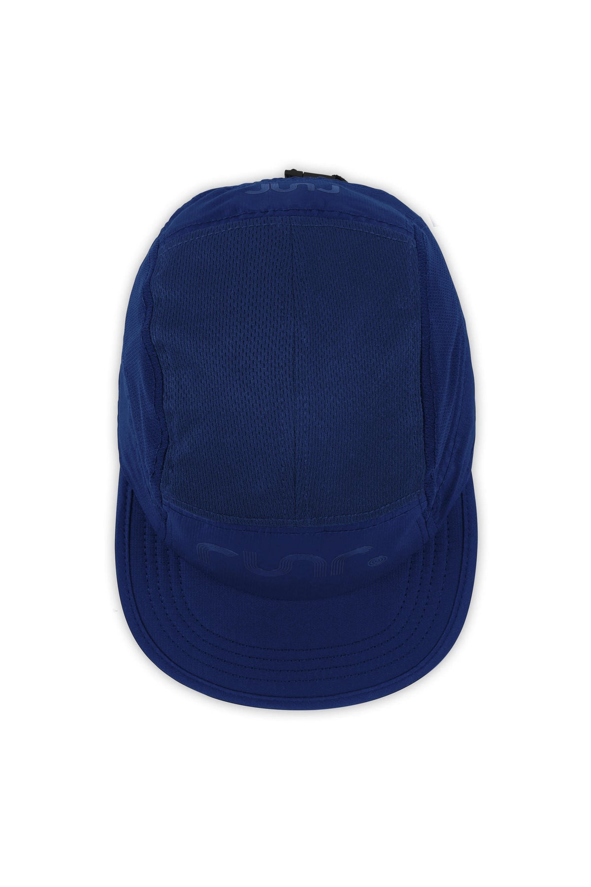 Navy technical running cap back view with stitched panels and curved brim