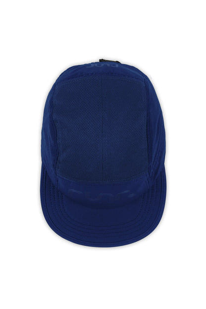 Navy technical running cap back view with stitched panels and curved brim