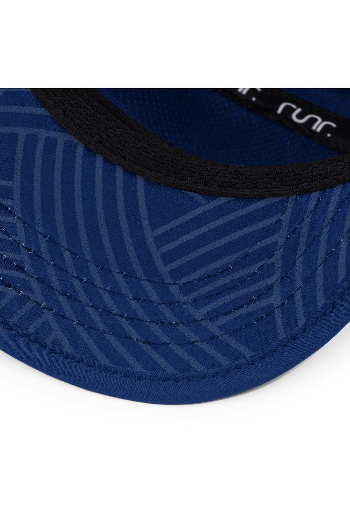 Navy running cap close-up with striped texture and black brim trim
