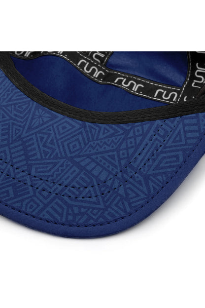 Blue running hat front panel with geometric pattern and logo-trim edge