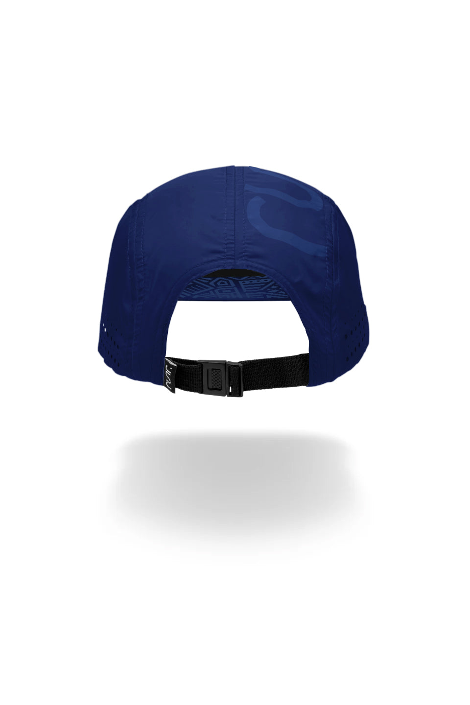 Navy running cap underside with adjustable black buckle strap