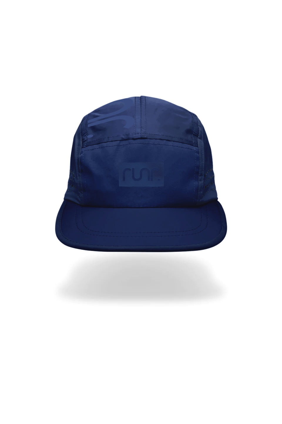 Navy technical running cap with curved brim and stitched crown seams
