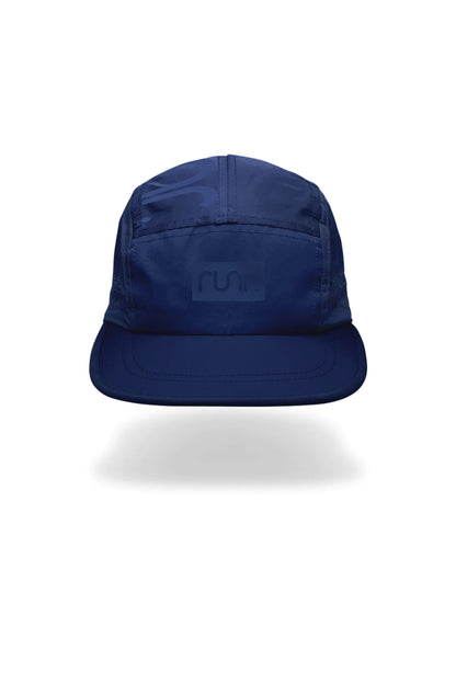Navy technical running cap with curved brim and stitched crown seams