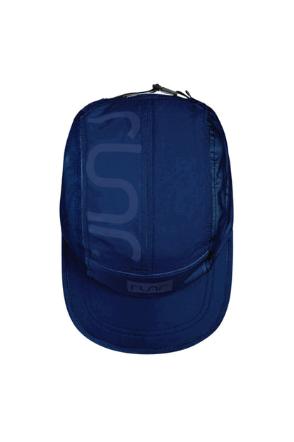 Navy technical running cap with stitched panels and adjustable back strap