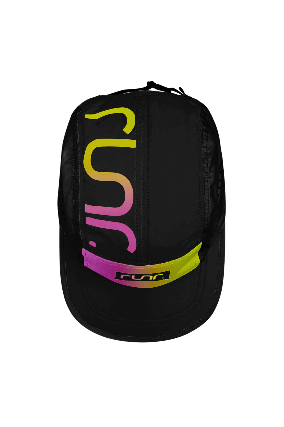 Technical running hat, black back with large neon 'run' graphic and yellow trim