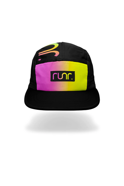 Black technical running cap with rainbow neon band and 'run' logo at front