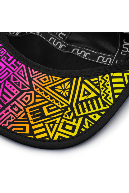 Black running hat brim with colorful geometric graphic and 'run' branding on underside