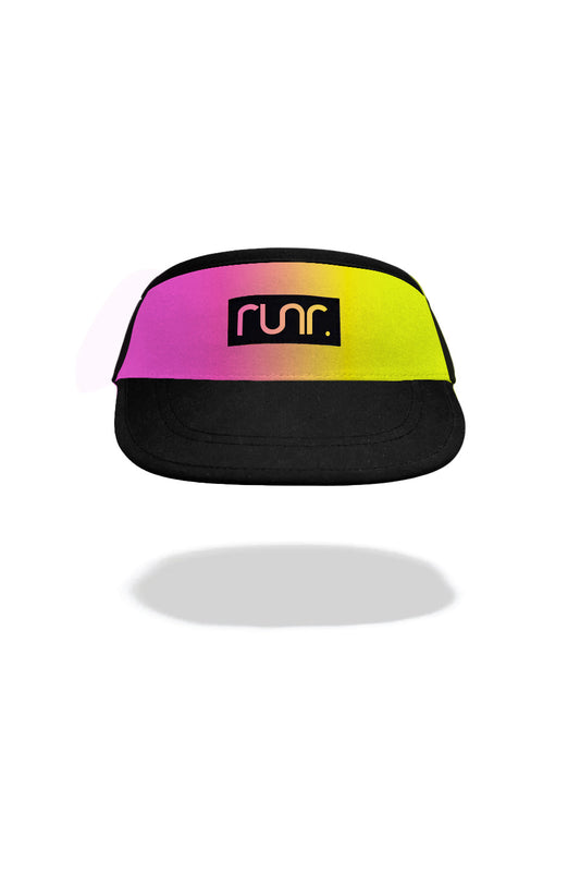 Color-block running visor with black brim, purple/yellow top, and Run logo