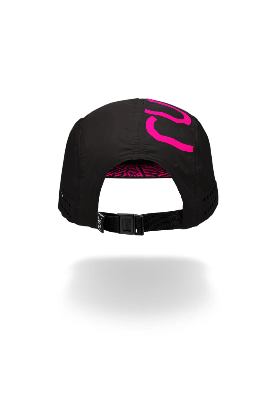 Black running hat viewed from back with pink logo and adjustable strap at rear.