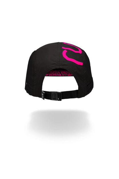 Black running hat viewed from back with pink logo and adjustable strap at rear.