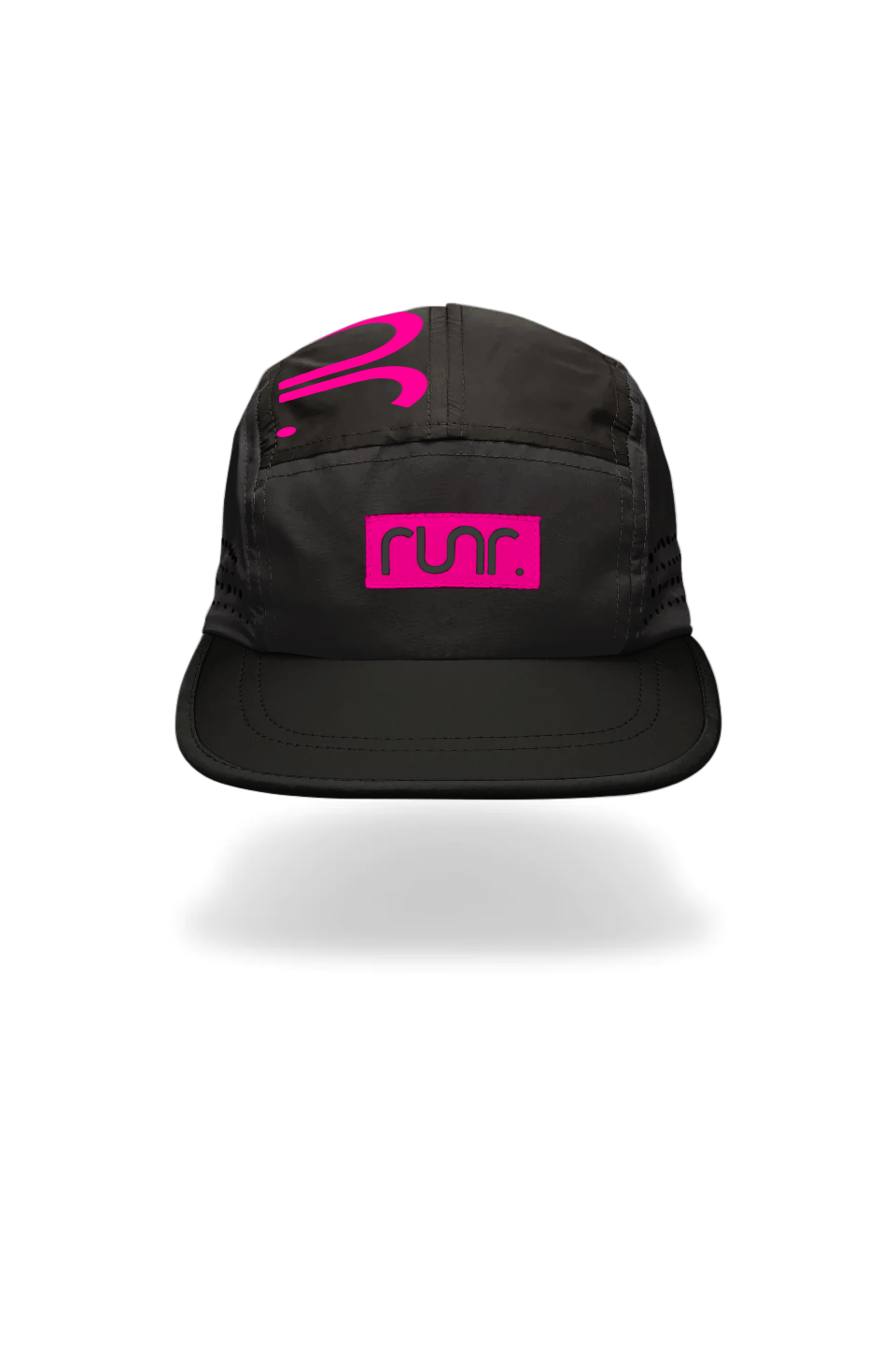 Black technical running cap with pink logo print and curved brim.