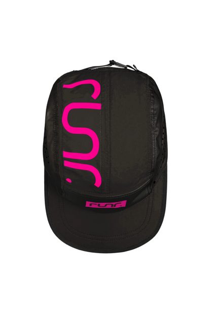 Black technical running cap back view with large pink logo and small front mark.
