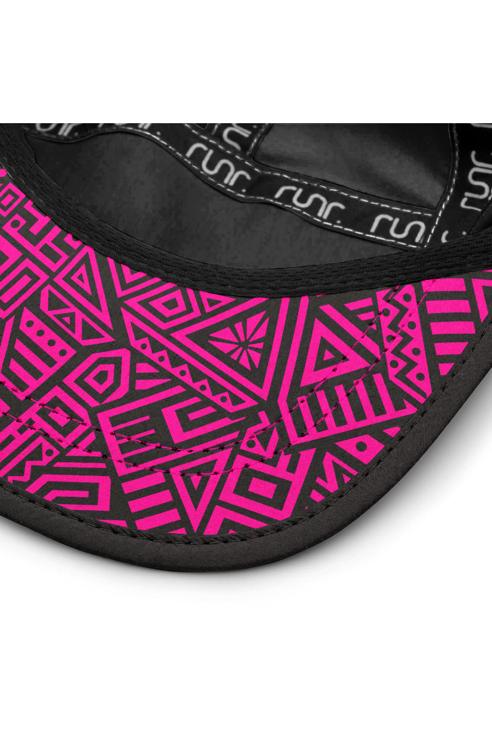Black running cap brim with pink geometric pattern and stitched edge detail.