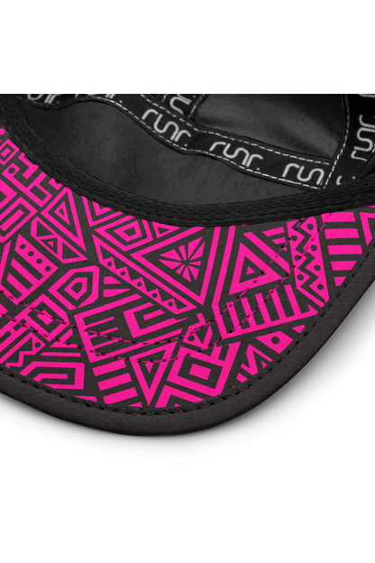 Black running cap brim with pink geometric pattern and stitched edge detail.