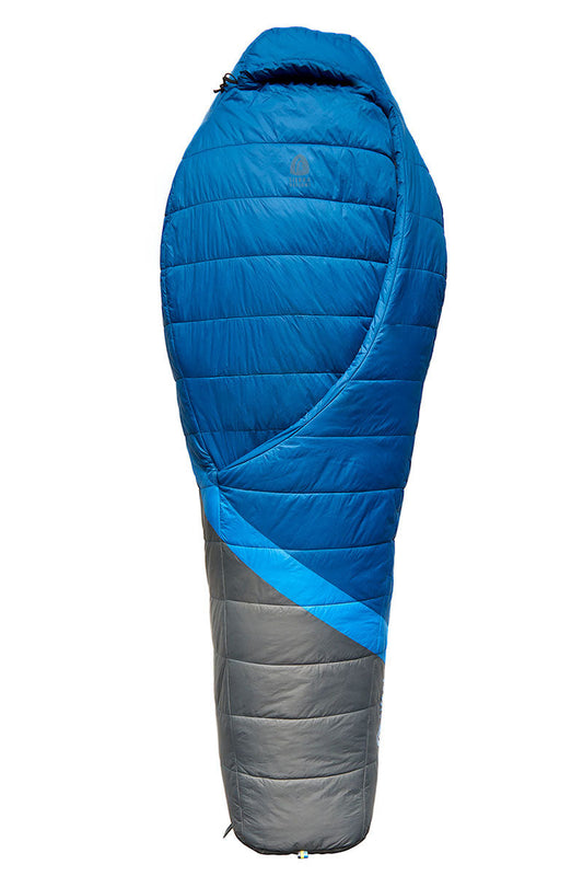 Blue and gray quilted sleeping bag with hood and full-length zipper panel