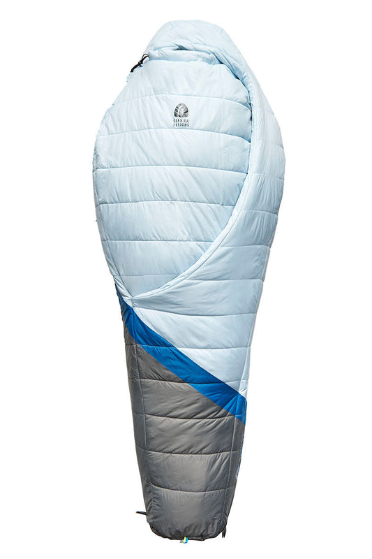 Women’s sleeping bag with light blue top, dark gray bottom, and blue side panel