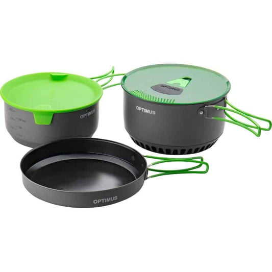 Optimus Terra Camp 4 pot set with four black pots, lime lids, and green handles
