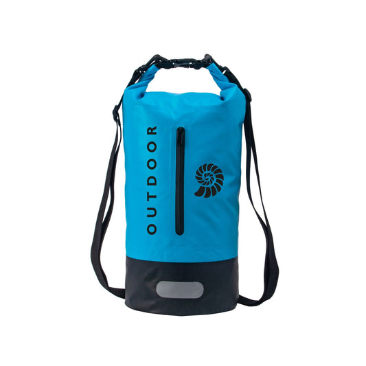 500D blue dry bag with black roll-top and side straps, vertical logo panel