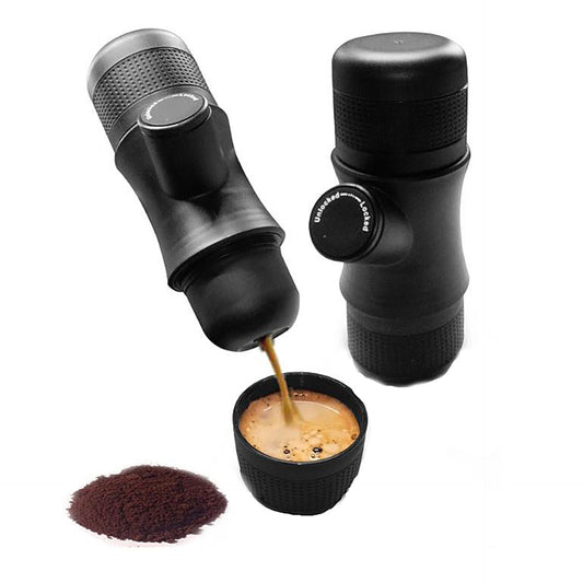 Portable to-go espresso maker set with black cup, spout, and coffee grounds