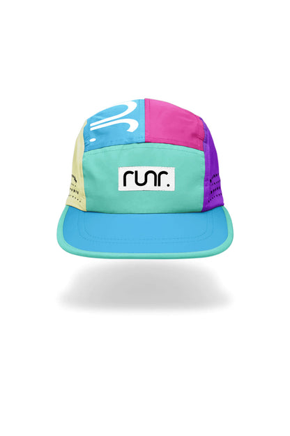 Multicolor technical running hat with front logo patch and teal blue curved brim.