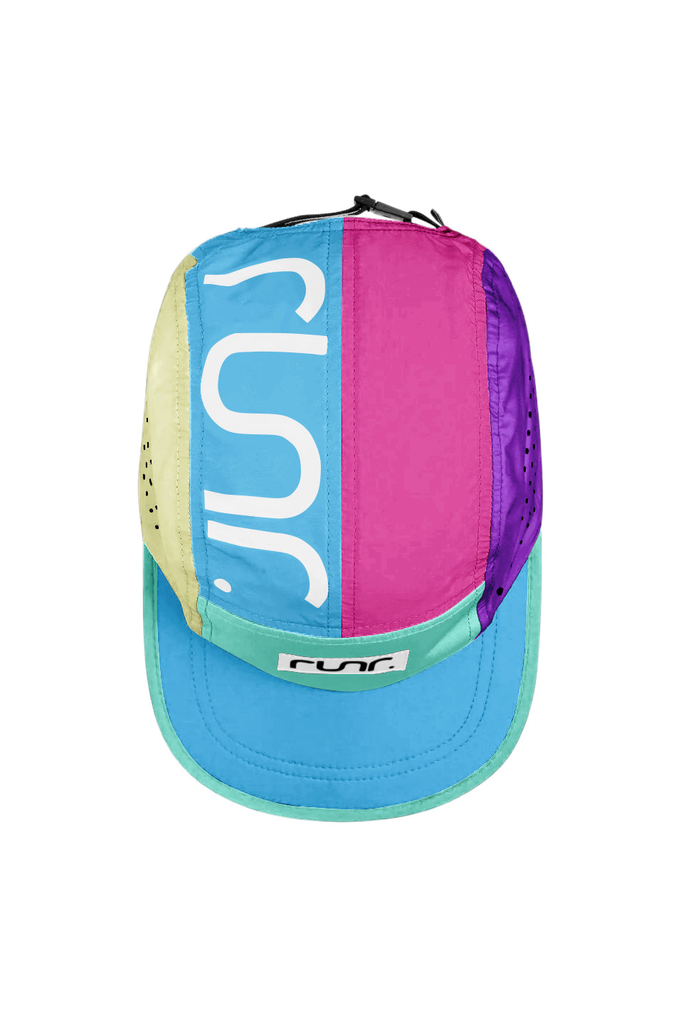 Multicolor technical running hat with side graphic and perforated fabric panel details.