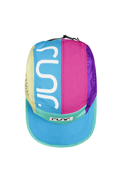 Multicolor technical running hat with side graphic and perforated fabric panel details.