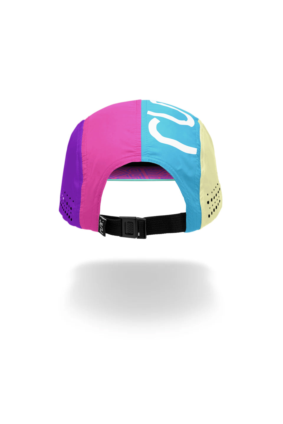 Multicolor running hat with adjustable strap and curved brim cutout.