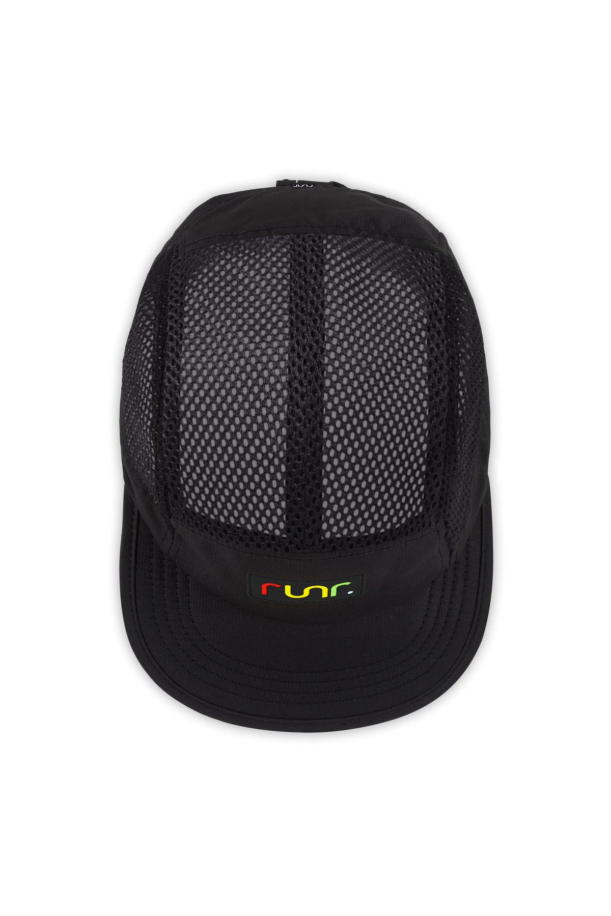 Black mesh back running hat with curved brim and small Runr logo on the front.