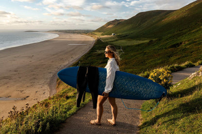 Blue and black surfboard leaning upright near a sandy shoreline