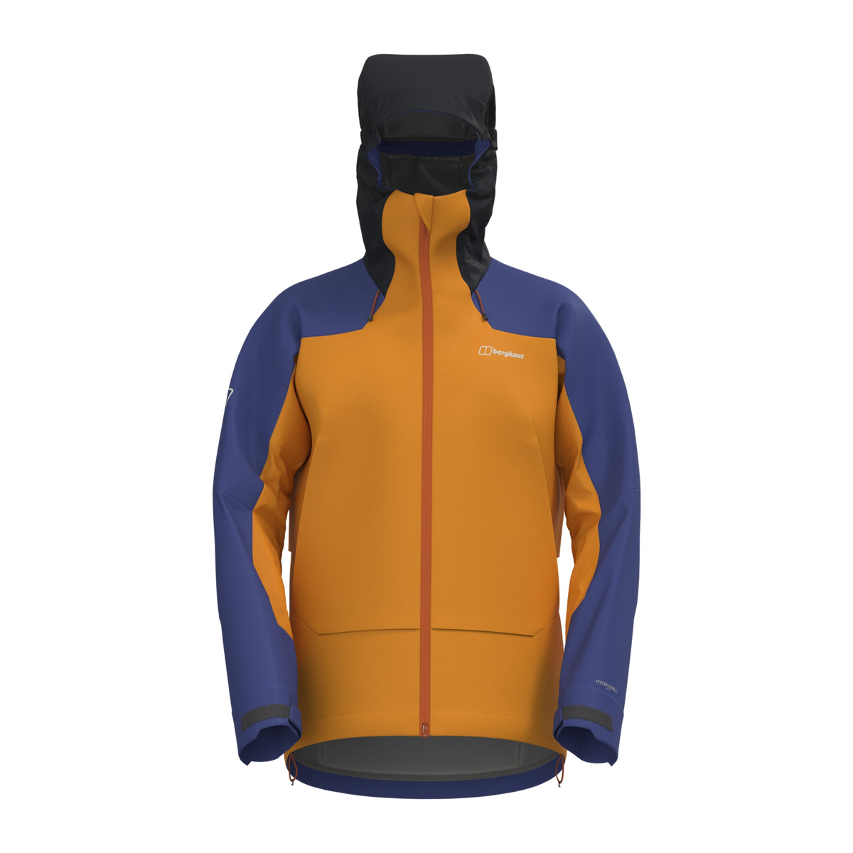 Two-tone orange and navy waterproof jacket with full zip, hood, and chest logo