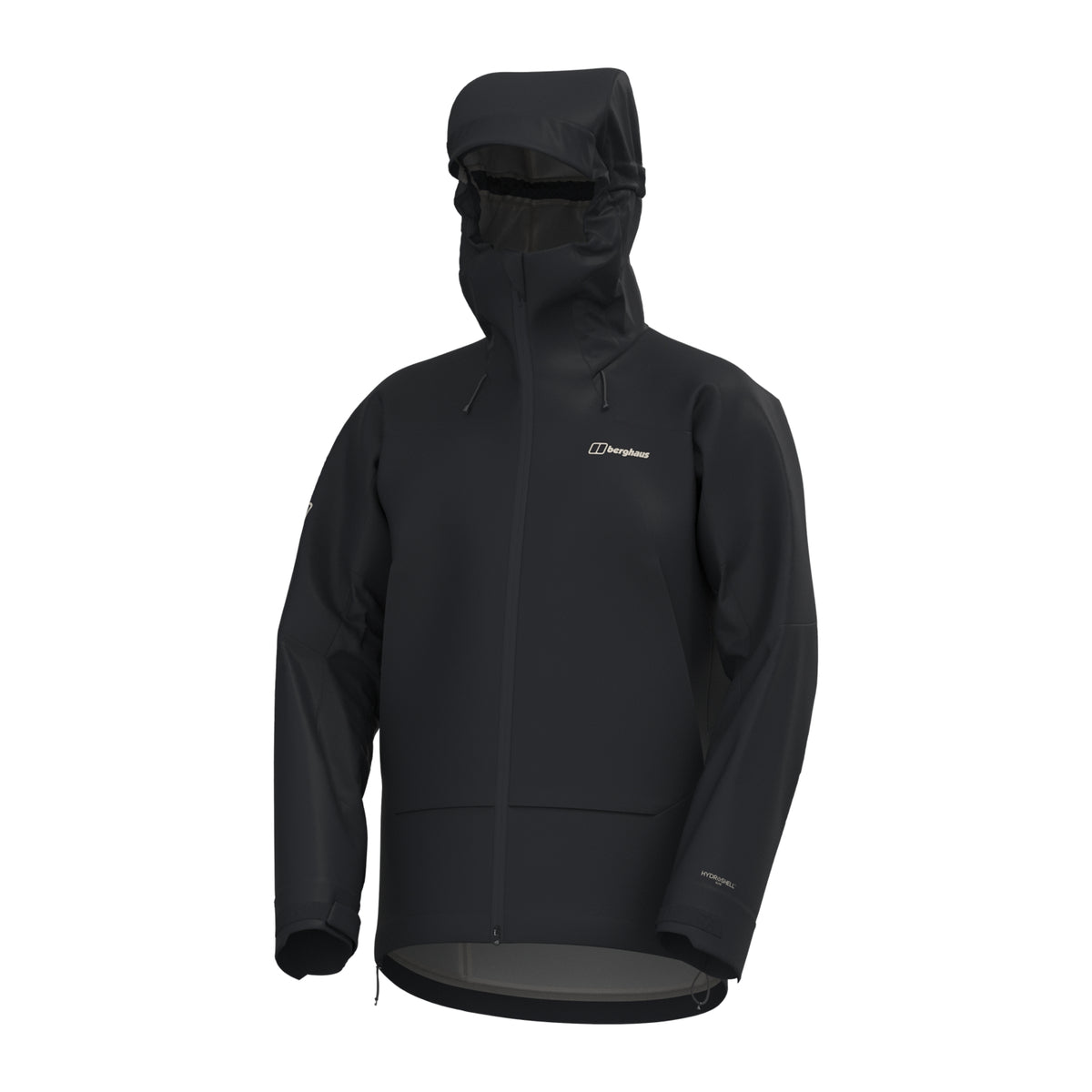Men's waterproof jacket in dark black with hood and zipper, side view