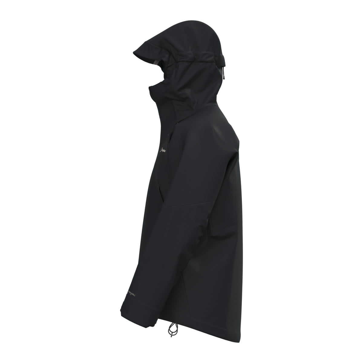 Men's waterproof jacket in dark black with adjustable hood and long sleeves, side profile