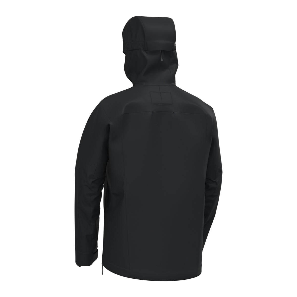 Men's waterproof jacket back view in dark black with hood and zip