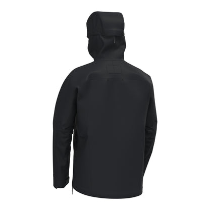 Men's waterproof jacket back view in dark black with hood and zip