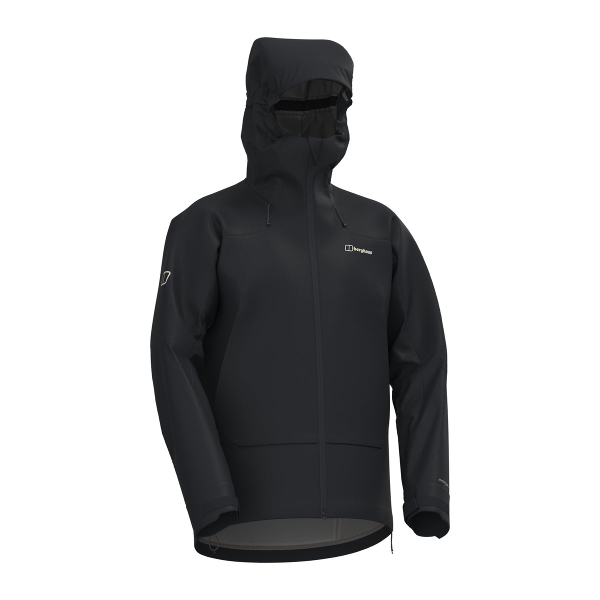 Men's waterproof jacket in dark black, front view, hood and full-length zipper