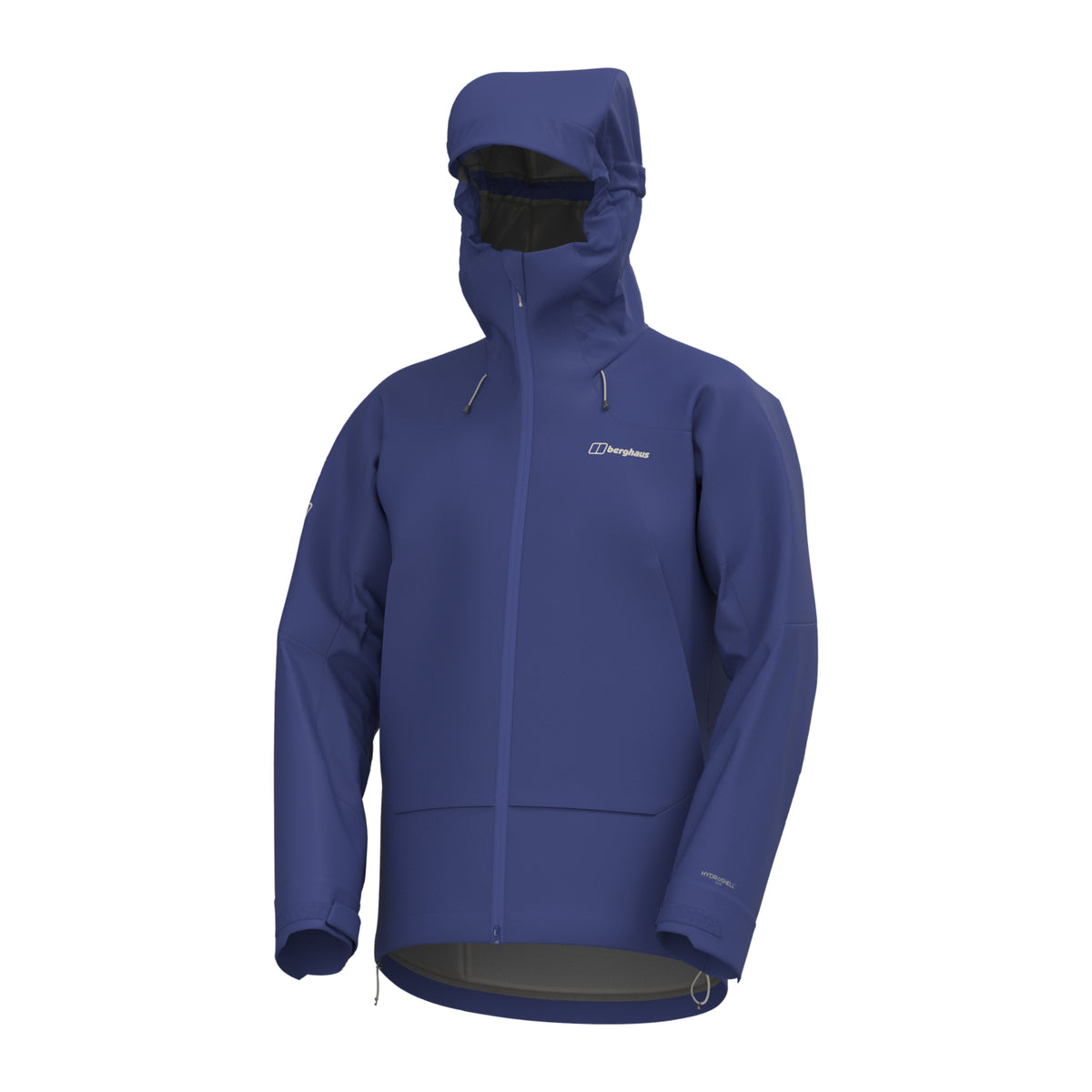 Navy hooded waterproof jacket, front zip, small chest logo, elastic cuffs