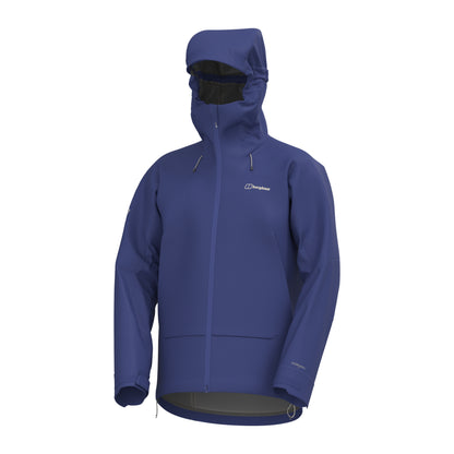 Navy hooded waterproof jacket, front zip, small chest logo, elastic cuffs
