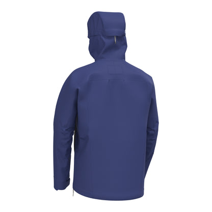 Navy waterproof jacket back view with attached hood and adjustable hem