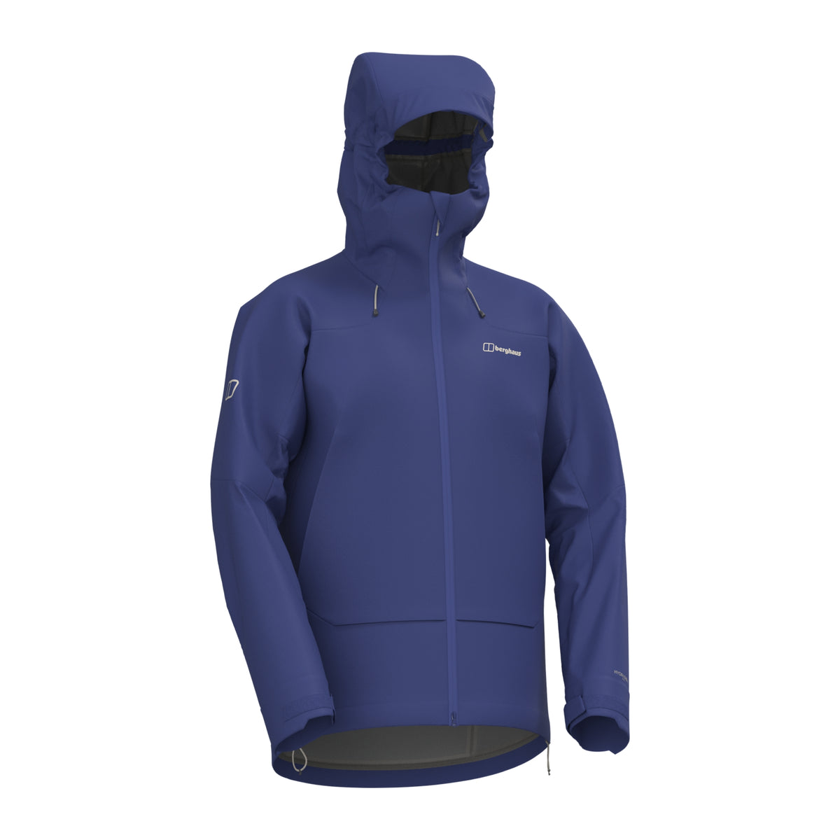 Navy hooded waterproof jacket with black hood lining, front zip, chest logo